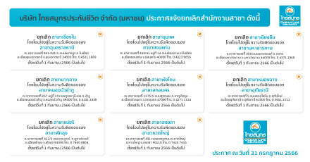 บริษัท ไทยสมุทรประกันชีวิต จำกัด (มหาชน) ประกาศแจ้งยกเลิกสำนักงานสาขา