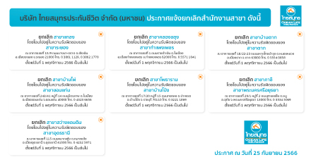 ประกาศแจ้งยกเลิกสำนักงานสาขา ไทยสมุทรประกันชีวิต