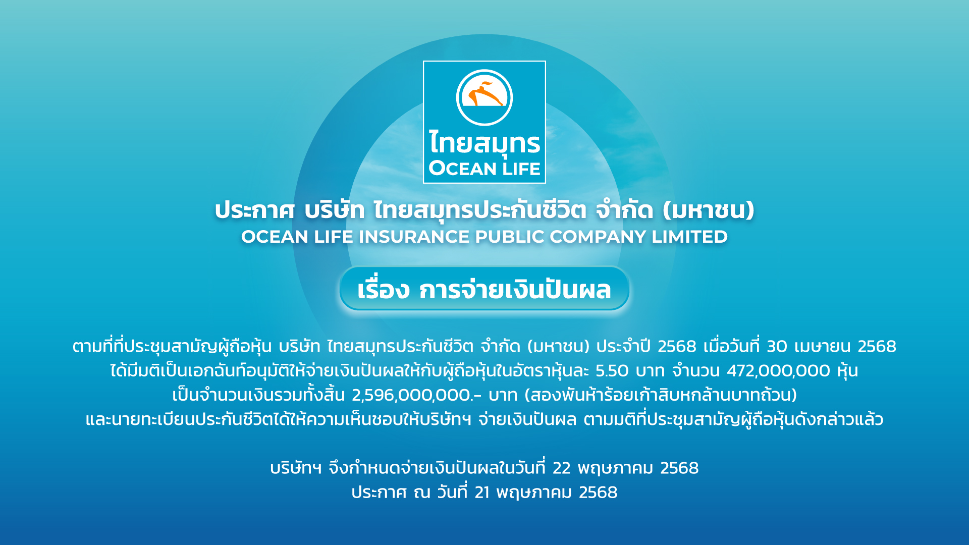 ประกาศ เรื่องการจ่ายเงินปันผลให้แก่ผู้ถือหุ้นปี2568