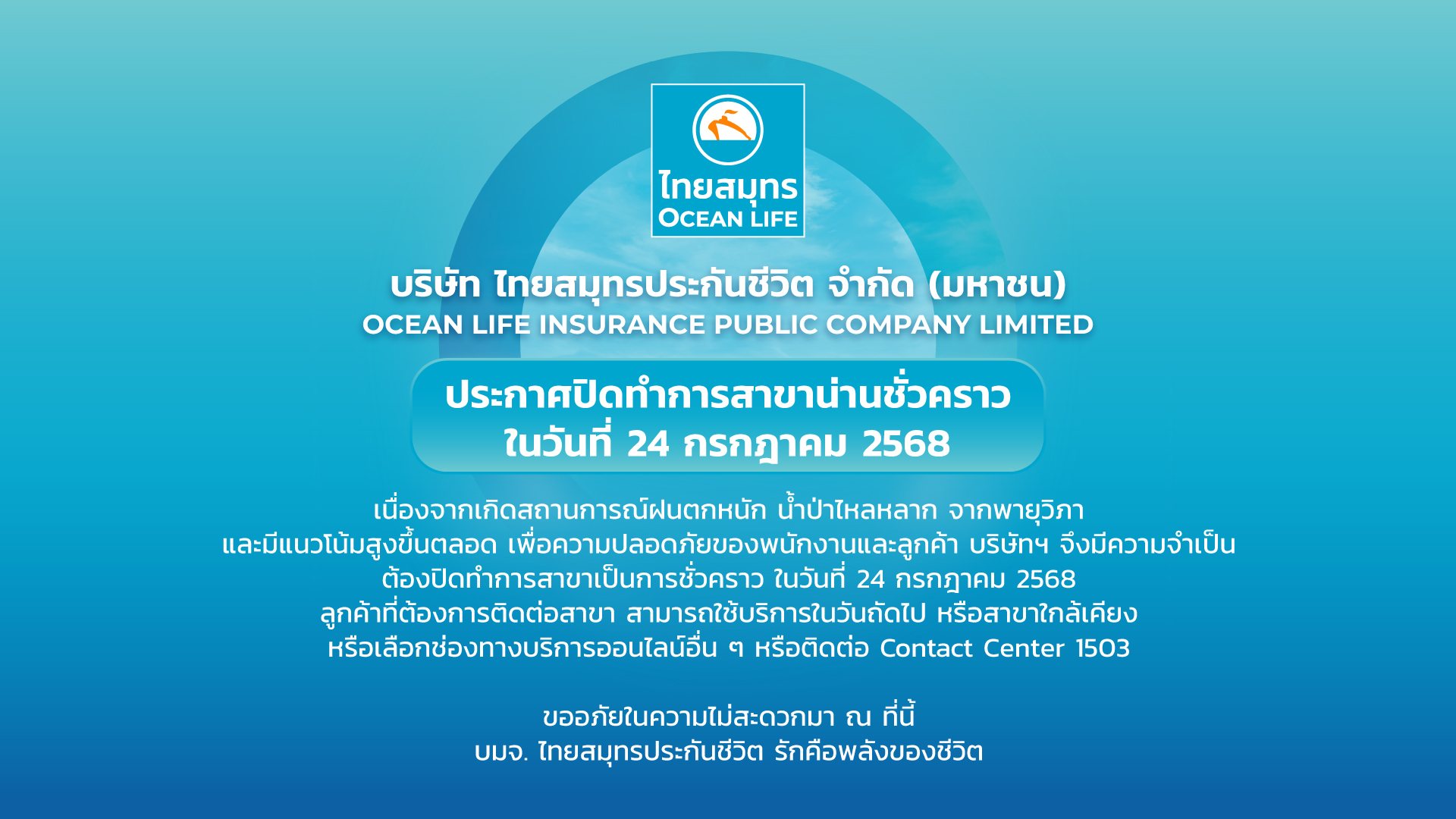 ประกาศปิดทำการสาขาน่านชั่วคราววันที่ 24 กรกฎาคม 2568