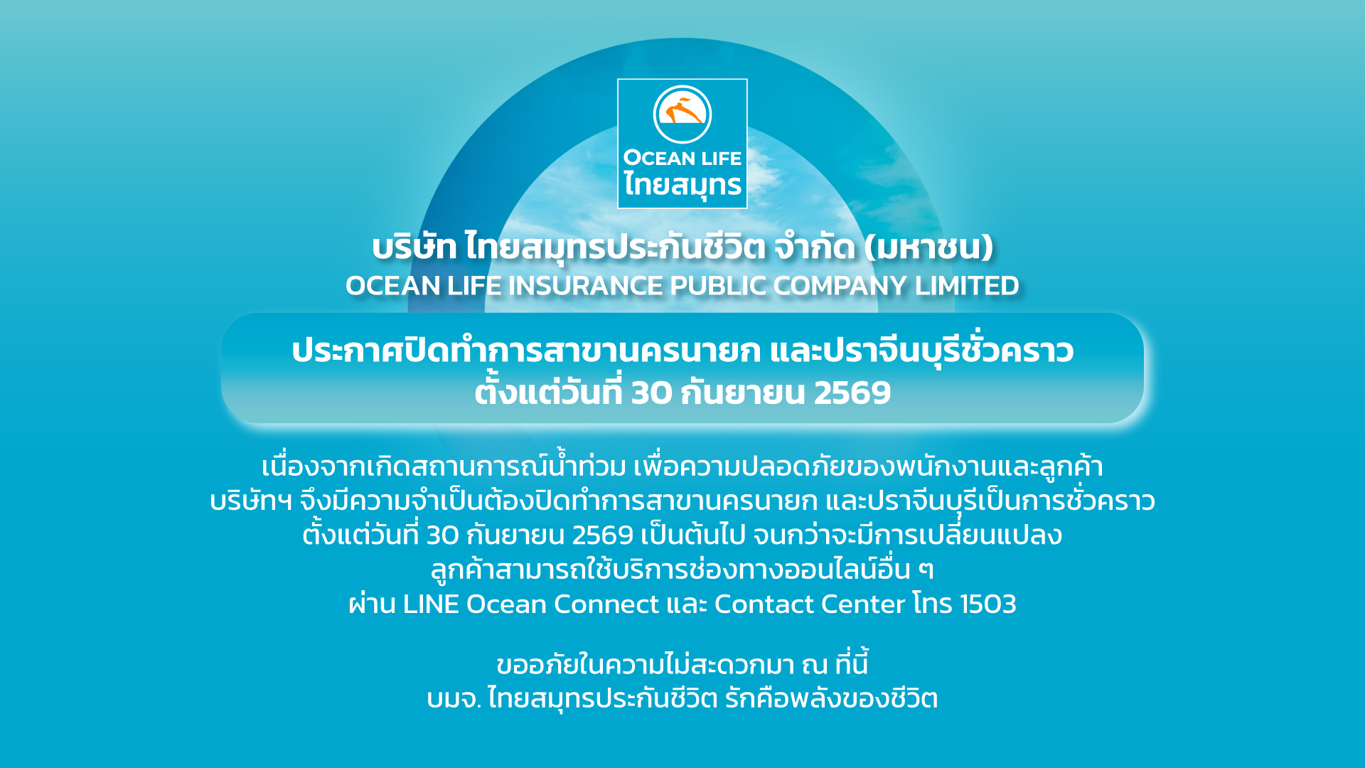 ประกาศปิดสาขานครนายก ปราจีนบุรี ชั่วคราวตั้งแต่วันที่ 30 กันยายน 2569